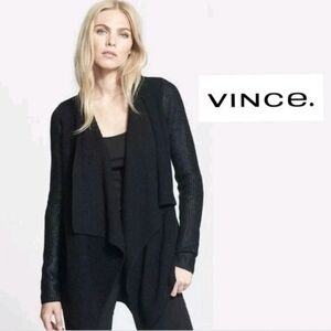 Vince Black Knit Cardigan Sweater Cable Ribbed Long Sleeve Metallic Coating XS